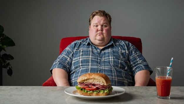 A view of an obese man sitting in an armchair with a huge sandwich on a small table in front of him