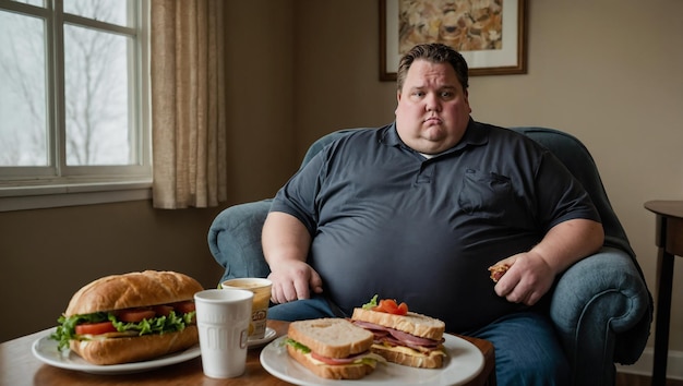 A view of an obese man sitting in an armchair with a huge sandwich on a small table in front of him