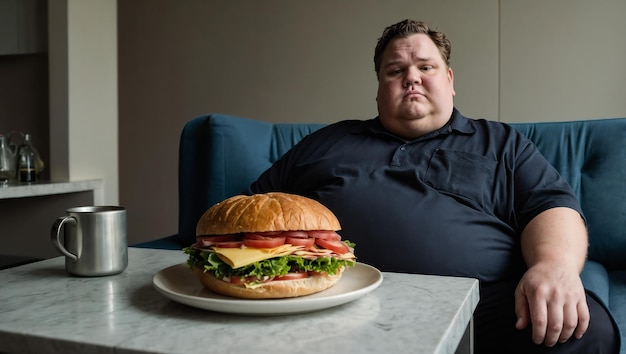 A view of an obese man sitting in an armchair with a huge sandwich on a small table in front of him