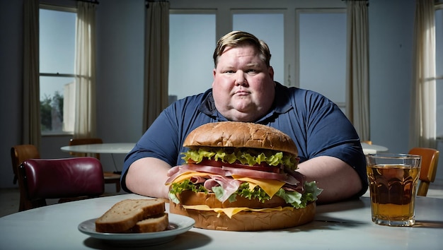 A view of an obese man sitting in an armchair with a huge sandwich on a small table in front of him