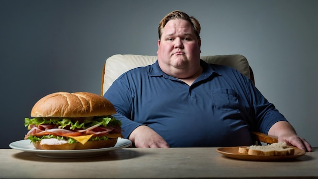 A view of an obese man sitting in an armchair with a huge sandwich on a small table in front of him