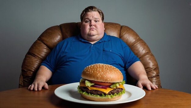 A view of an obese man sitting in an armchair with a huge sandwich on a small table in front of him