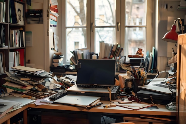 Photo view of office desk with messy workspace and laptop