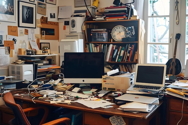 View Of Office Desk With Messy Workspace And Laptop