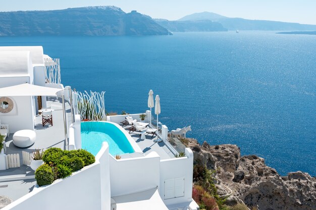 View of Oia town with white houses on Santorini island Greece