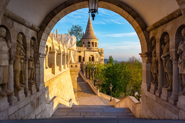 View on the Old Fisherman Bastion in Budapest. Arch Gallery.