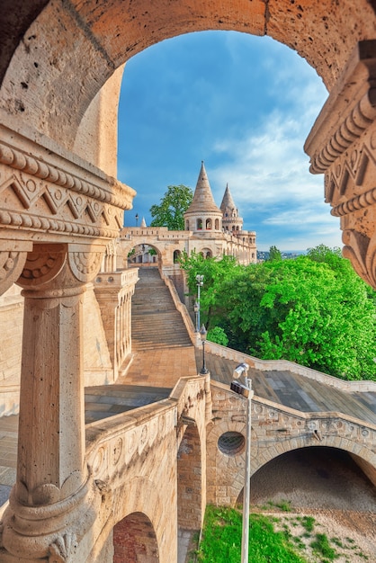 View on the Old Fisherman Bastion in Budapest. Arch Gallery.