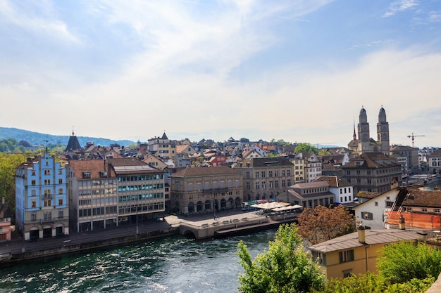 View of old town of Zurich and the Limmat river from Lindenhof hill Switzerland