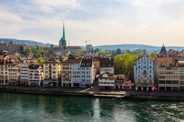 View of old town of Zurich and the Limmat river from Lindenhof hill Switzerland