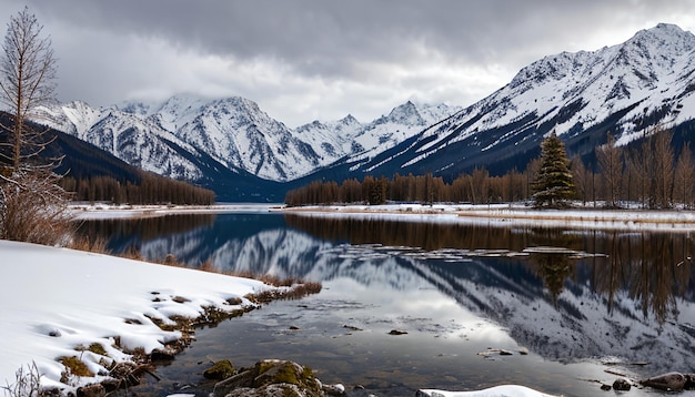 view of an old tree in a lake with the snowcovered mountains in the on a cloudy day