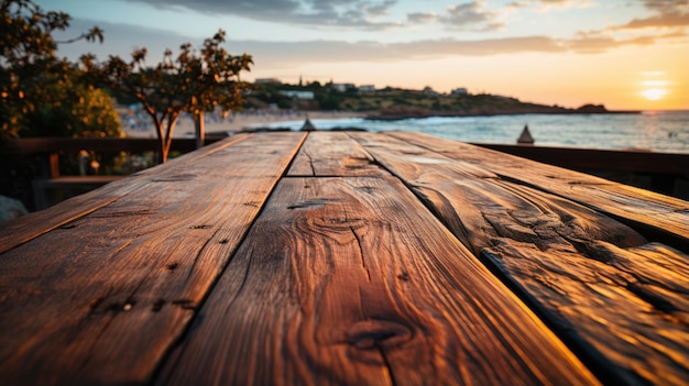 View of an old wooden seafront table on a beach landscape with sunset