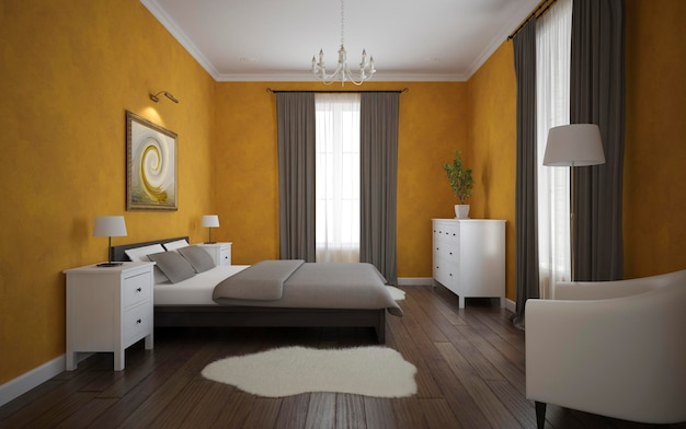 View of the orange bedroom with parquet floor