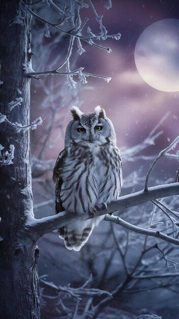 Photo view of owl in cold environment with dreamy aesthetic