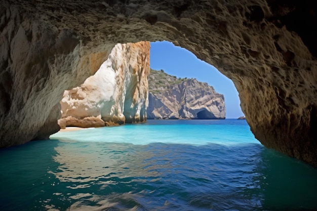 View of the paradise beach on the aegean coast of greece cave in the sea photography