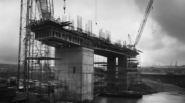 Photo view of a partially constructed bridge with cranes and scaffolding