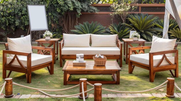 Photo a view of a patio furnished with wooden chairs sofas and tables all with white cushions the patio is situated in a city courtyard surrounded by greenery