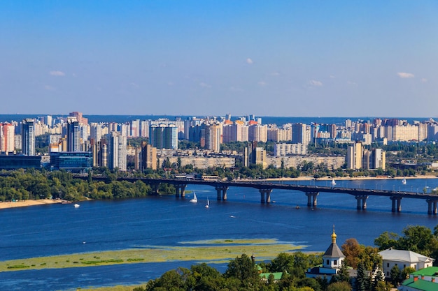 View of Paton bridge and left bank of the Dnieper river in Kiev Ukraine