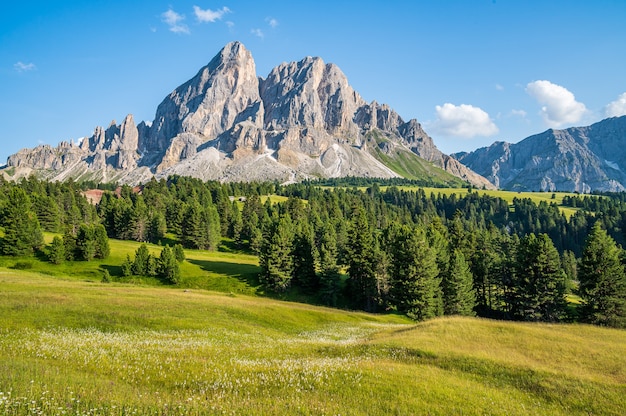 View of the Peitlerkofel (Sass de Putia), a mountain of the Dolomites in South Tyrol, Italy.