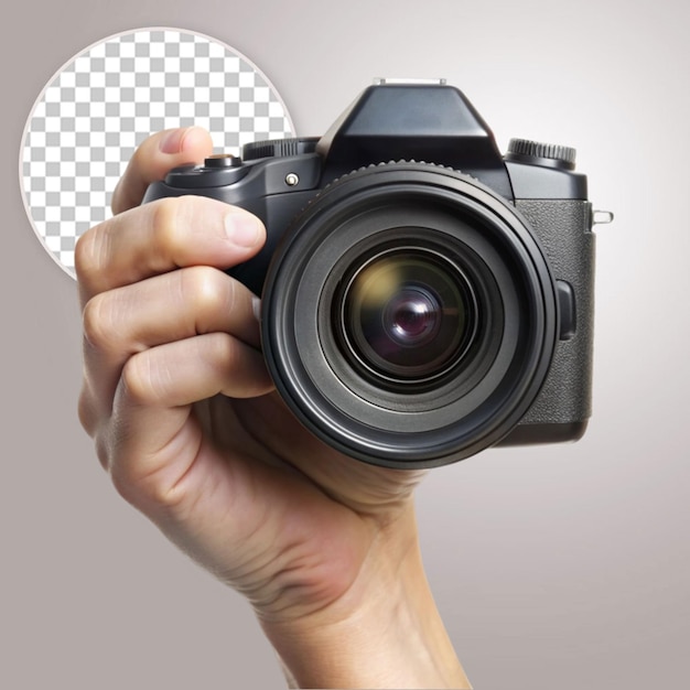 View of person holding professional digital camera on transparent background