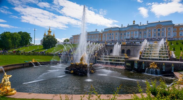 View of the Peterhof Palace against the blue sky