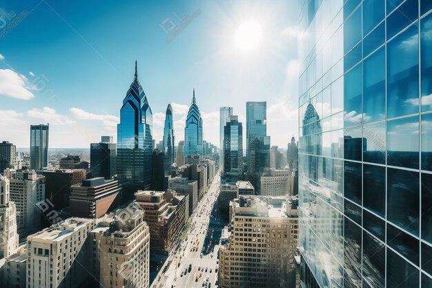 A view of the philadelphia skyline from the window of a building