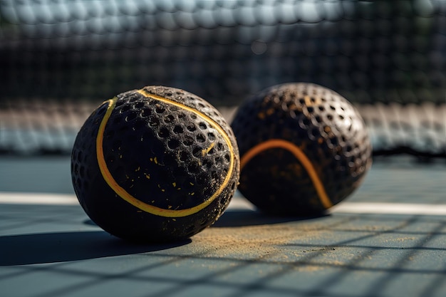 View of Pickleball balls on a court