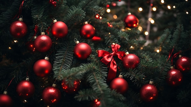 Above view on pine tree branches with Christmas fairy lights and red baubles