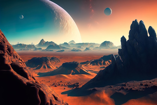 A view of a planets surface with an alien landscape