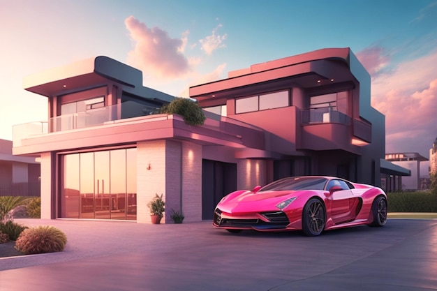 View point of creative luxury house modern model with a car