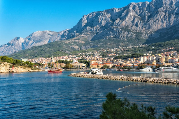 View of the port and Mediterranean city of Makarska, Croatia.