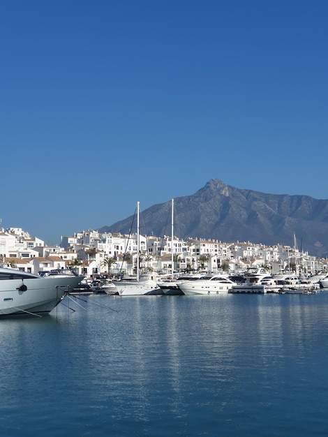 View of the port of Porto Banus with white yachts