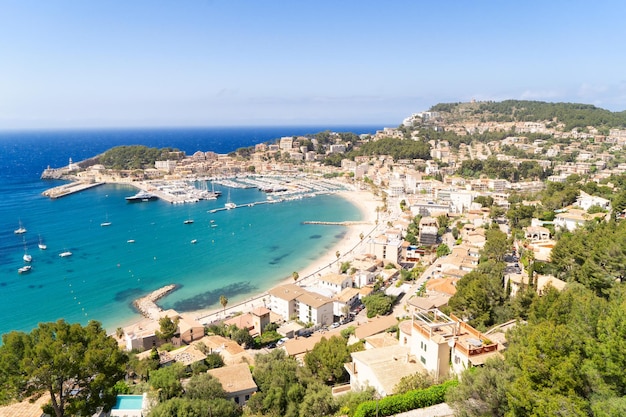 View of Port Soller harbour with ships Mallorca at summer