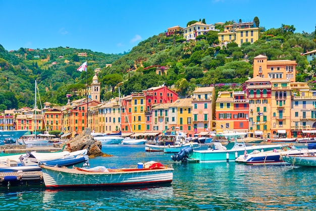 View of Portofino town and port with boats, Italy