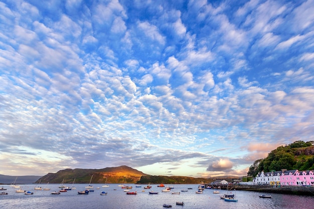 View on Portree Harbour before sunset, Isle of Skye, Scotland