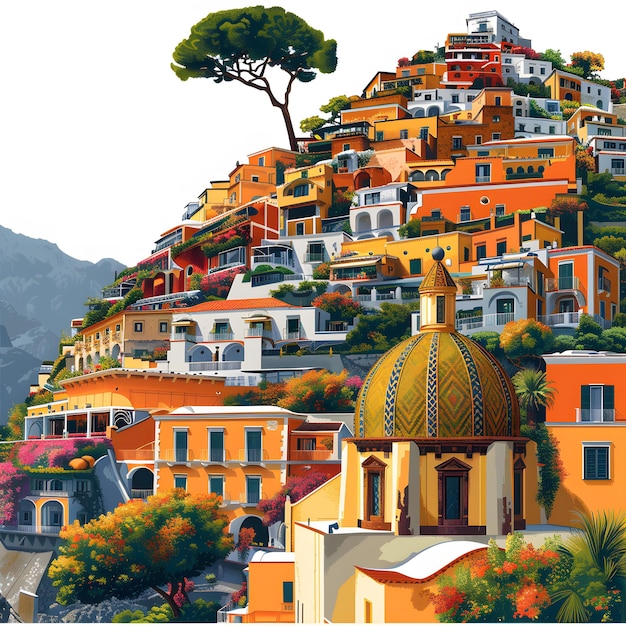 view of positano town famous old italian resort at summer day italy retro toned isolated on