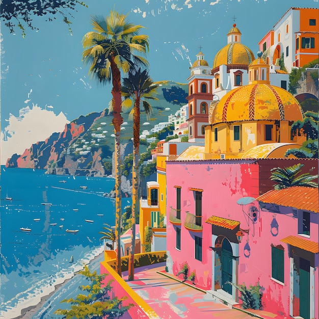 view of positano town famous old italian resort at summer day italy retro toned isolated on