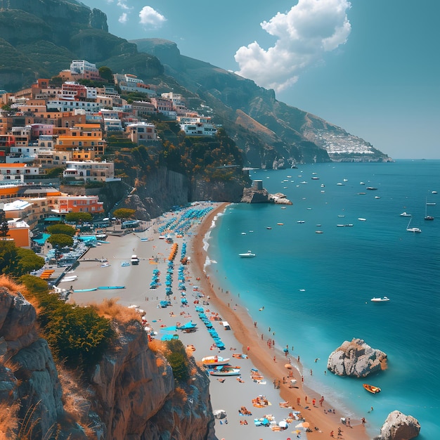 view of positano town famous old italian resort at summer day italy retro toned isolated on