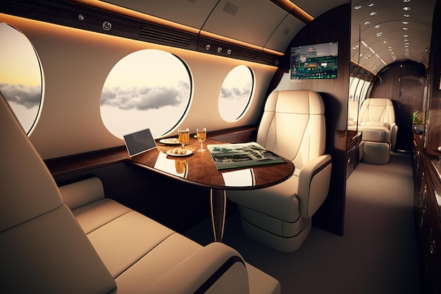 A view of a private jet with a table and chairs.