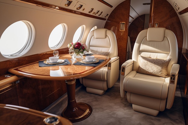 A view of a private jet with a table and chairs