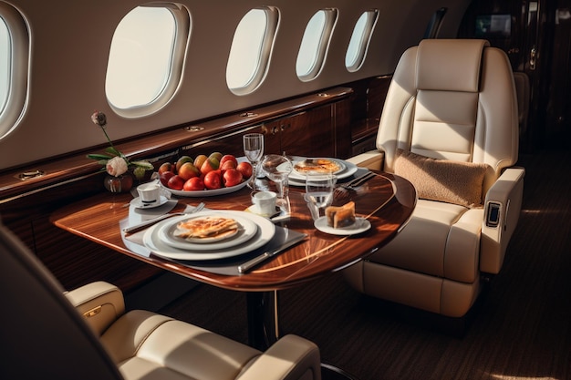 A view of a private jet with a table and chairs