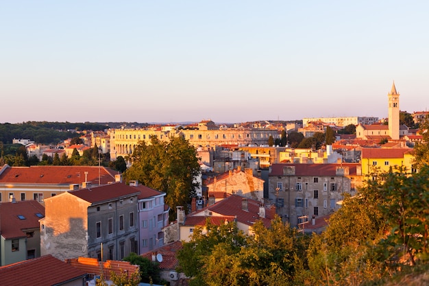 View of Pula, Croatia cityscape at sunset from above