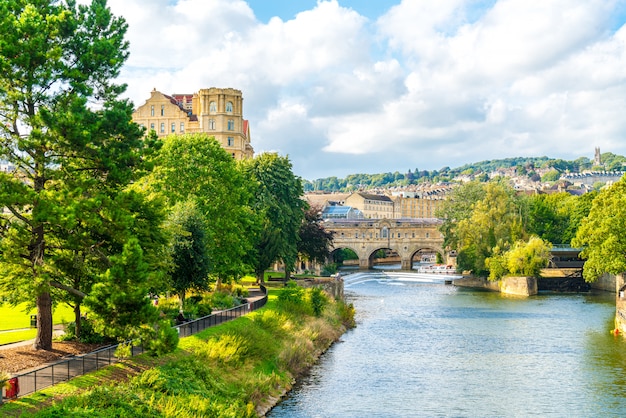 View of the Pulteney Bridge River Avon in Bath, England