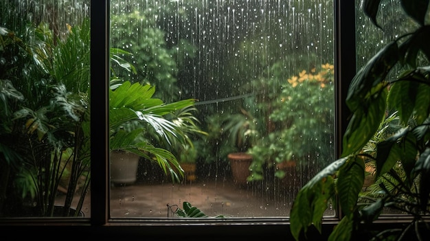 View of the rainy jungle from a window in a house