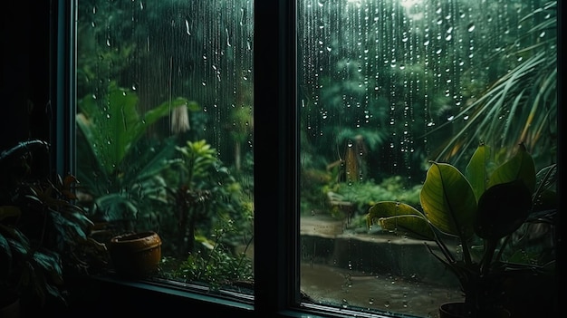 View of the rainy jungle from a window in a house