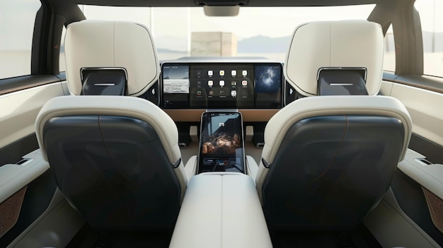 A view of the rear seats in a luxury car featuring two large touchscreens in the center console the