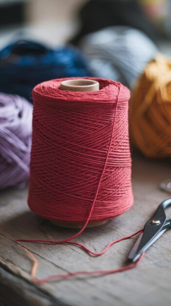 View of red thread with yarn