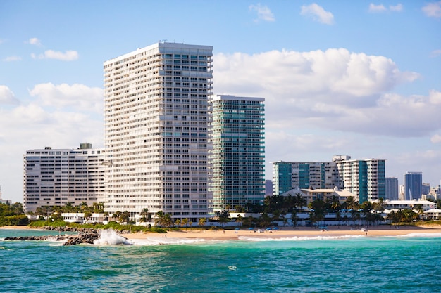 View of residential highrise buildings with a gorgeous beach on the Atlantic Ocean in Fort Lauderdale