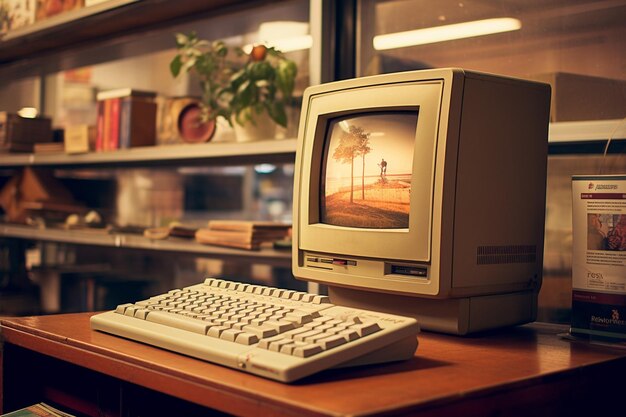 A view of a retrolooking computer on a desk workstation