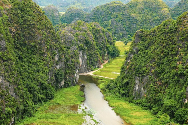 View of rice field and river in Tam Coc Tam Coc is one of the destination of Ninh Binh Province in Vietnam