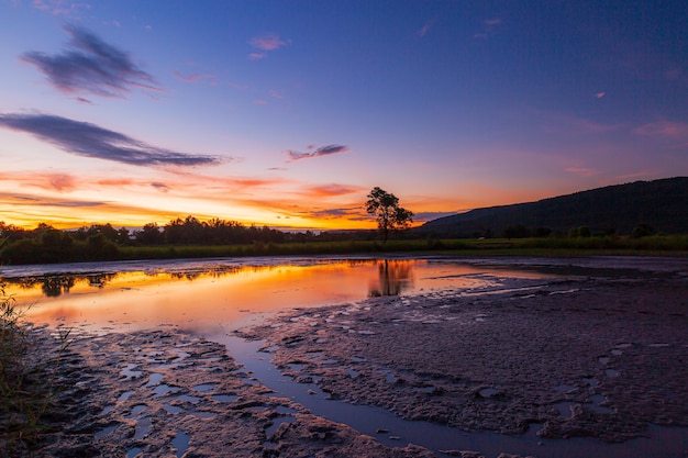 View of rice fields and mountains in the evening in Asia,Picturesque rice field at dusk, dramatic